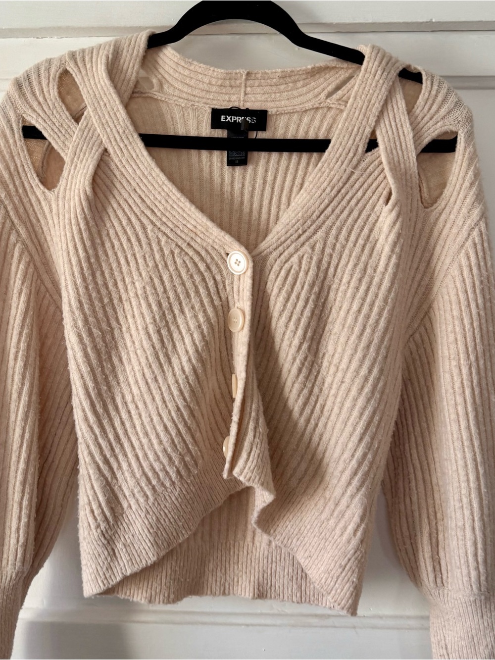 Express Cream Ribbed Cutout Shoulder Cardigan - Picture 1 of 4